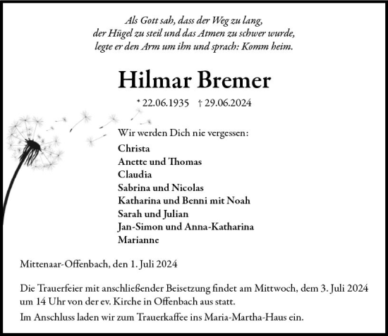 Traueranzeige von Hilmar Bremer von Dill Block