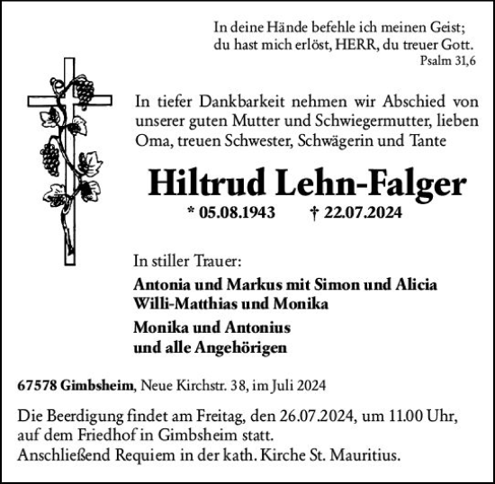 Traueranzeige von Hiltrud Lehn-Falger von Wormser Zeitung