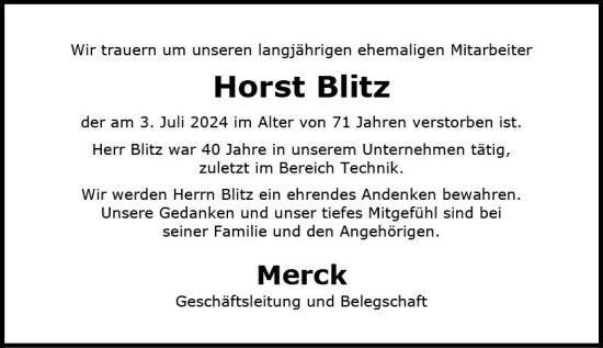 Traueranzeige von Horst Blitz von Darmstädter Echo