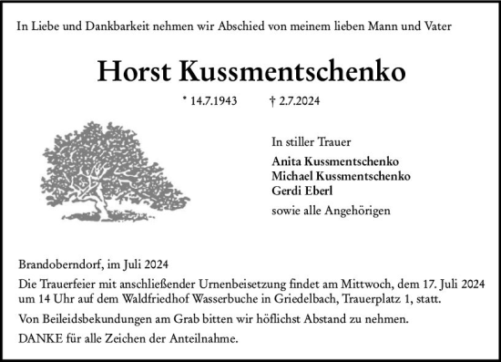 Traueranzeige von Horst Kussmentschenko von Wetzlarer Neue Zeitung