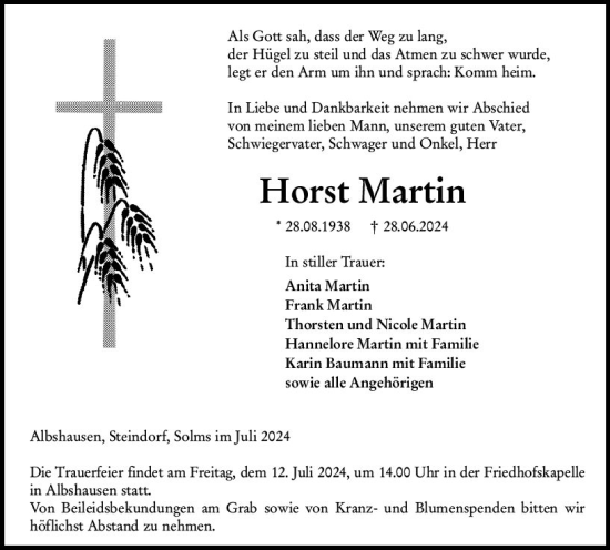 Traueranzeige von Horst Martin von Wetzlarer Neue Zeitung