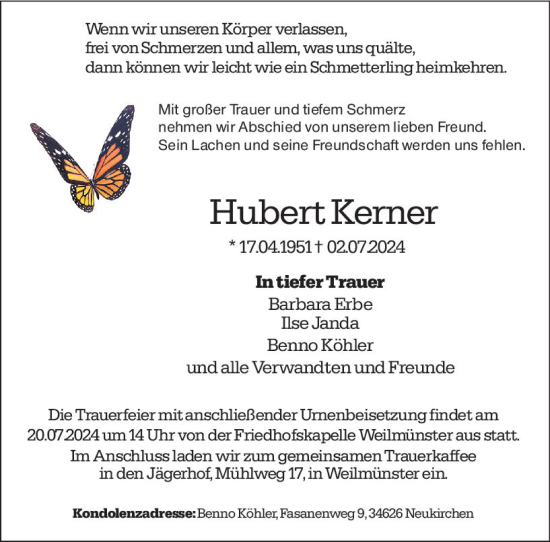 Traueranzeige von Hubert Kerner von Weilburger Tageblatt