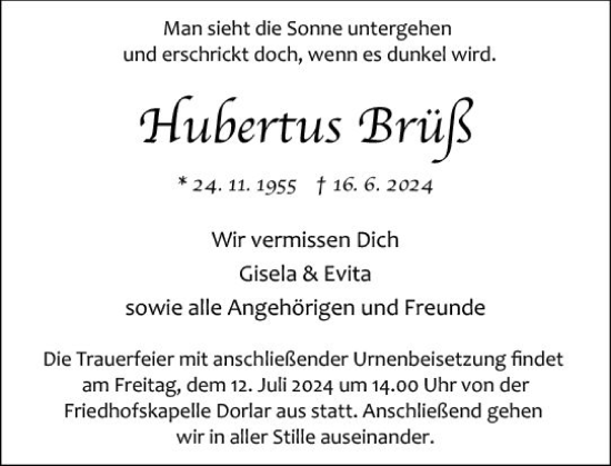 Traueranzeige von Hubertus Brüß von Wetzlarer Neue Zeitung