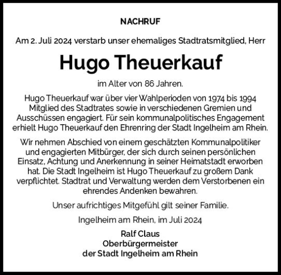 Traueranzeige von Hugo Theuerkauf von Allgemeine Zeitung Rheinhessen-Nahe