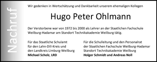 Traueranzeige von Hugo Peter Ohlmann von Weilburger Tageblatt