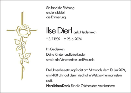 Traueranzeige von Ilse Dierl von Wetzlarer Neue Zeitung