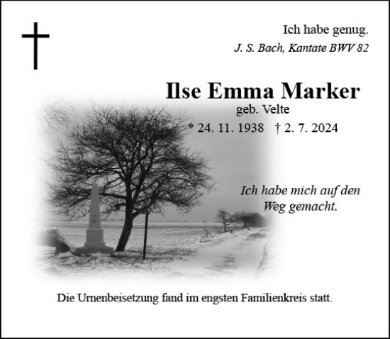 Traueranzeige von Ilse Emma Marker von Allgemeine Zeitung Mainz