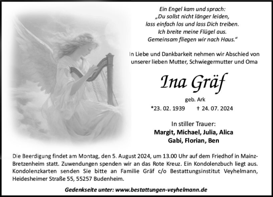Traueranzeige von Ina Gräf von Allgemeine Zeitung Mainz