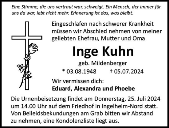 Traueranzeige von Inge Kuhn von Allgemeine Zeitung Rheinhessen-Nahe