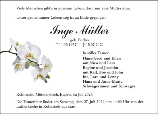 Traueranzeige von Inge Müller von Weilburger Tageblatt