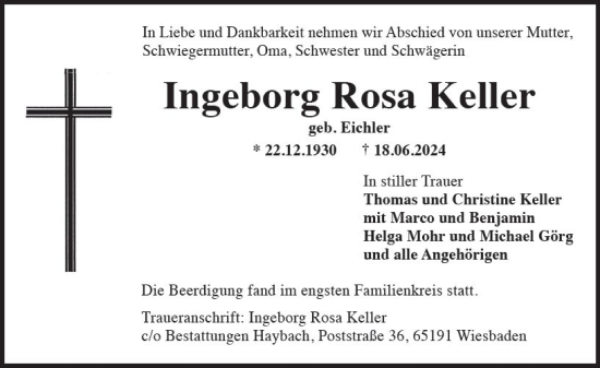 Traueranzeige von Ingeborg Keller von Wiesbadener Kurier