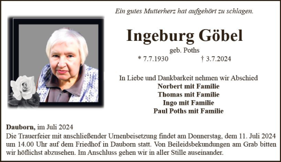 Traueranzeige von Ingeburg Göbel von Nassauische Neue Presse