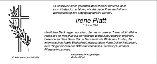 Traueranzeige von Irene Platt von Hinterländer Anzeiger