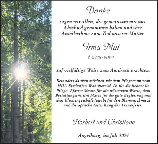 Traueranzeige von Irma Mai von Hinterländer Anzeiger