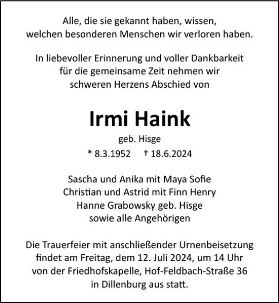 Traueranzeige von Irmi Haink von Dill Block