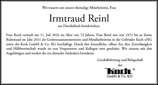 Traueranzeige von Irmtraud Reinl von Dill Block