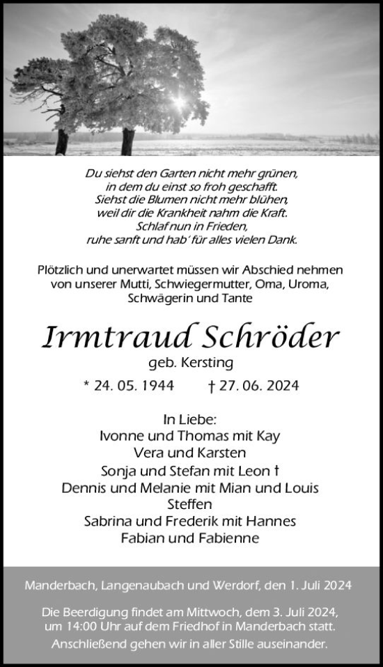 Traueranzeige von Irmtraud Schröder von Dill Block