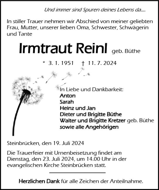 Traueranzeige von Irmtraut Reinl von Dill Block