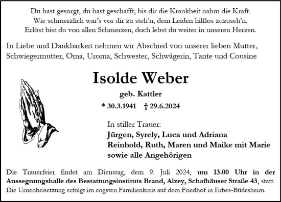 Traueranzeige von Isolde Weber von Allgemeine Zeitung Alzey