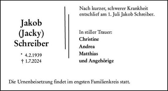 Traueranzeige von Jakob Schreiber von Hochheimer Zeitung