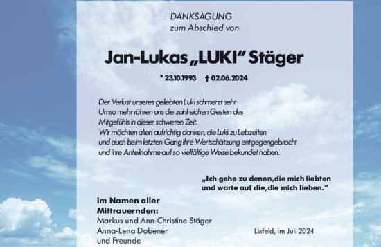 Traueranzeige von Jan-Lukas Stäger von Hinterländer Anzeiger