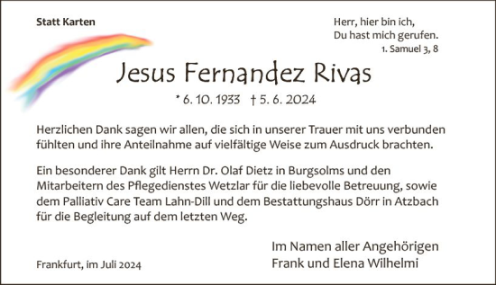 Traueranzeige von Jesus Rivas von Wetzlarer Neue Zeitung