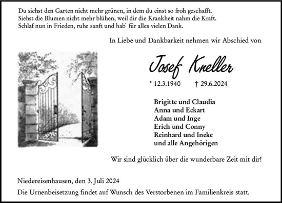 Traueranzeige von Joesf Kneller von Hinterländer Anzeiger