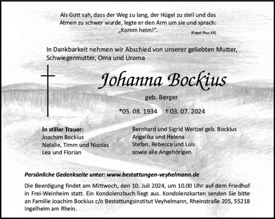 Traueranzeige von Johanna Bockius von Allgemeine Zeitung Rheinhessen-Nahe