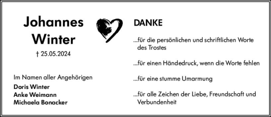 Traueranzeige von Johannes Winter von Hinterländer Anzeiger