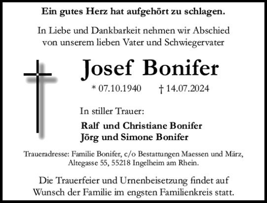 Traueranzeige von Josef Bonifer von Allgemeine Zeitung Rheinhessen-Nahe