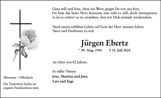 Traueranzeige von Jürgen Ebertz von Dill Block