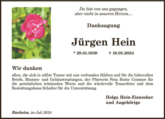Traueranzeige von Jürgen Hein von Allgemeine Zeitung Rheinhessen-Nahe