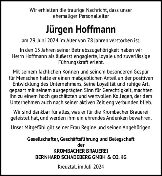 Traueranzeige von Jürgen Hoffmann von Wetzlarer Neue Zeitung