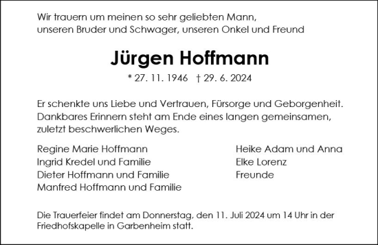 Traueranzeige von Jürgen Hoffmann von Wetzlarer Neue Zeitung