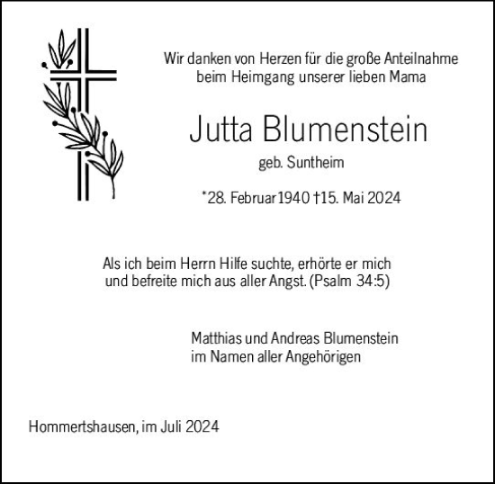 Traueranzeige von Jutta Blumenstein von Hinterländer Anzeiger