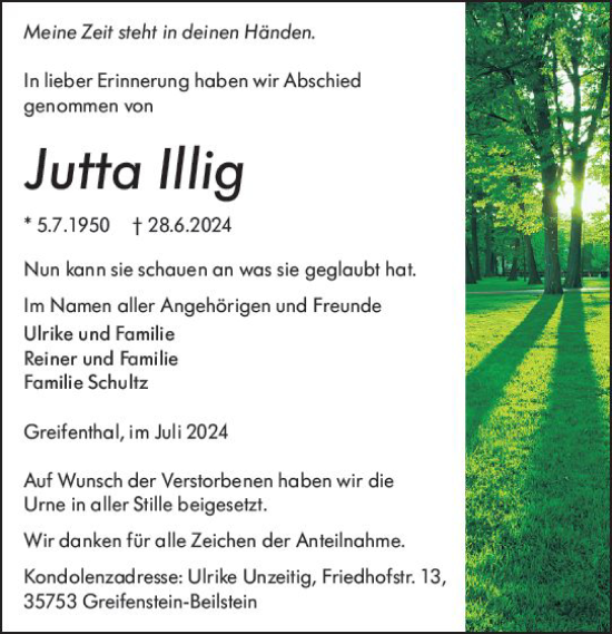 Traueranzeige von Jutta Illig von Wetzlarer Neue Zeitung