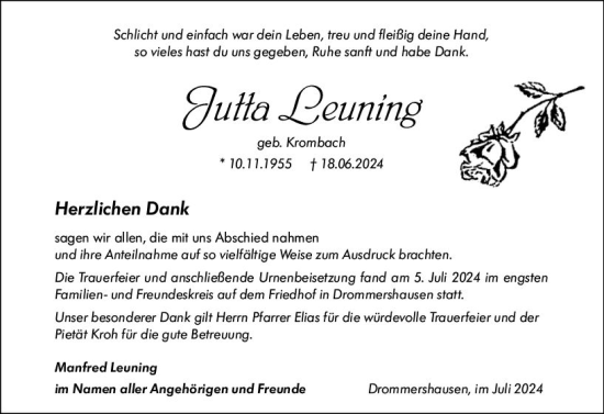 Traueranzeige von Jutta Leuning von Weilburger Tageblatt