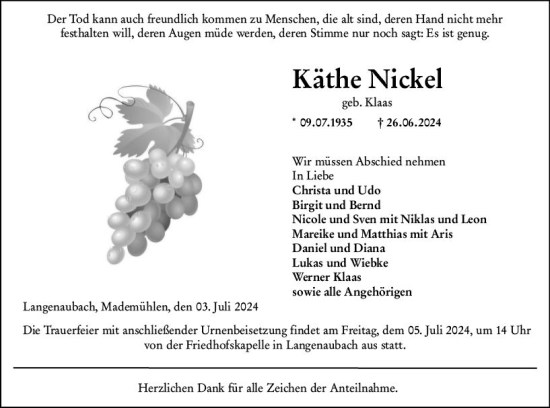 Traueranzeige von Käthe Nickel von Dill Block