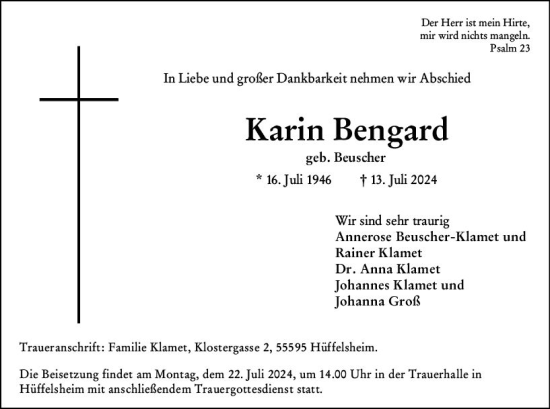 Traueranzeige von Karin Bengard von Allgemeine Zeitung Rheinhessen-Nahe