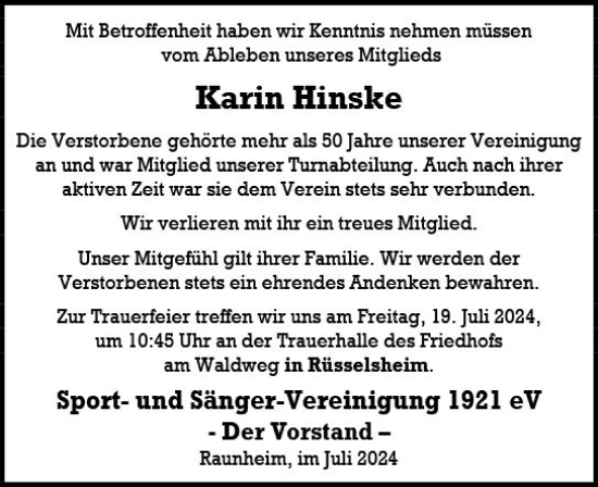 Traueranzeige von Karin Hinske von Rüsselsheimer Echo
