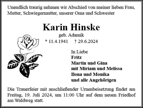 Traueranzeige von Karin Hinske von Rüsselsheimer Echo