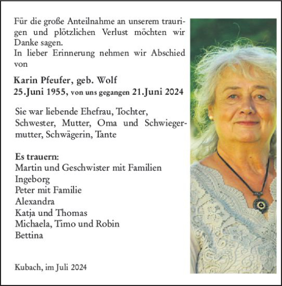 Traueranzeige von Karin Pfeufer von Weilburger Tageblatt
