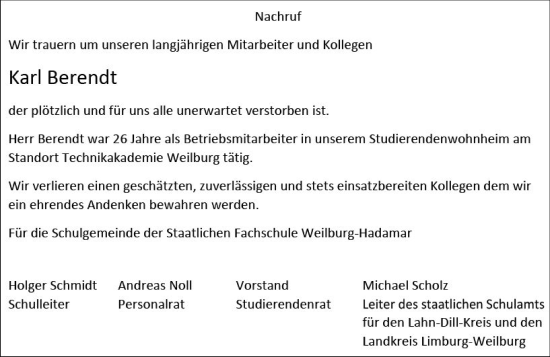 Traueranzeige von Karl Berendt von Weilburger Tageblatt