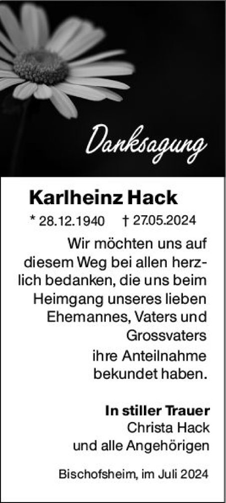 Traueranzeige von Karlheinz Hack von Rüsselsheimer Echo