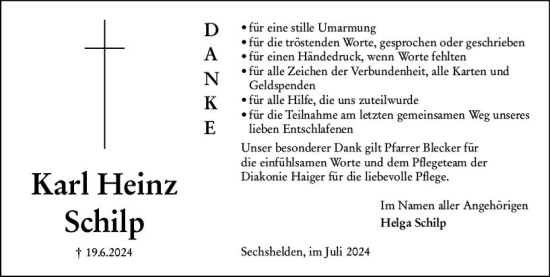 Traueranzeige von Karl Heinz Schilp von Dill Block