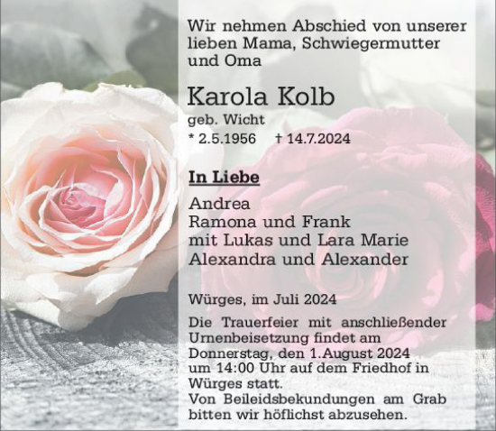 Traueranzeige von Karola Kolb von Camberger Anzeiger