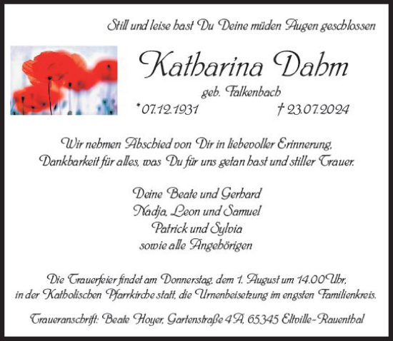 Traueranzeige von Katharina Dahm von Rheingau Kurier