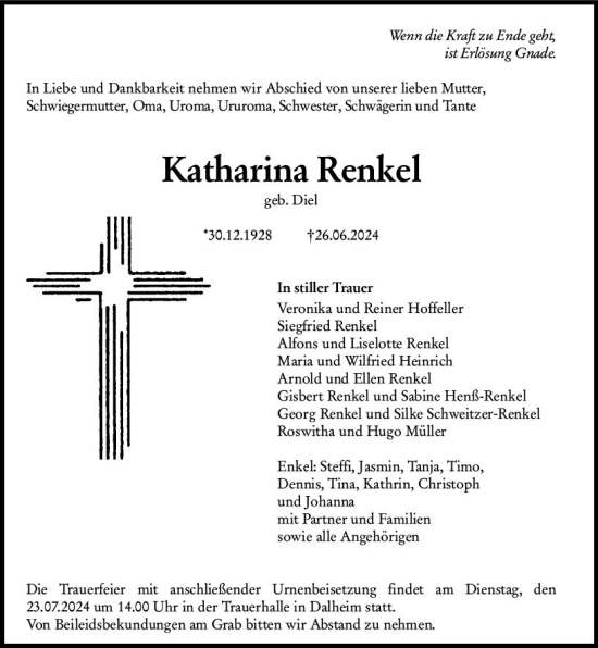 Traueranzeige von Katharina Renkel von Allgemeine Zeitung Mainz