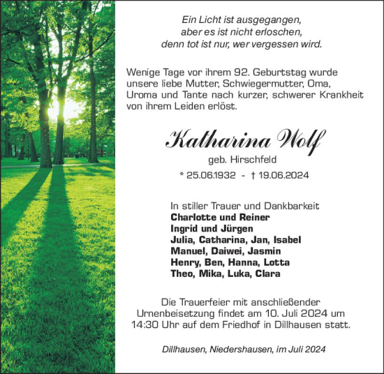 Traueranzeige von Katharina Wolf von Weilburger Tageblatt