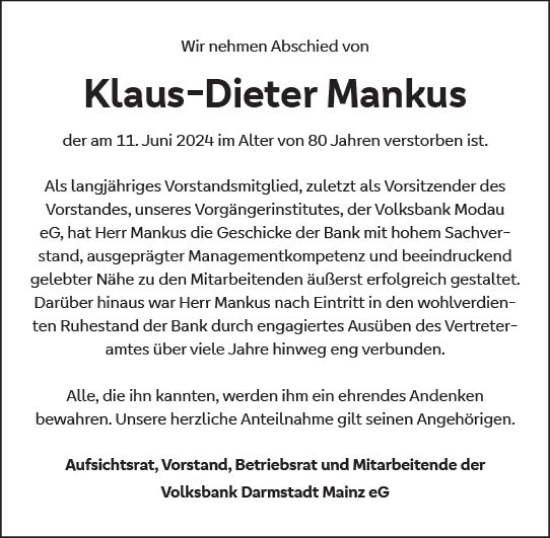 Traueranzeige von Klaus-Dieter Mankus von Darmstädter Echo